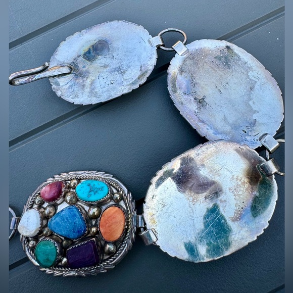 Signed Navajo multi stone Sterling Silver Concho belt - Picture 14 of 16